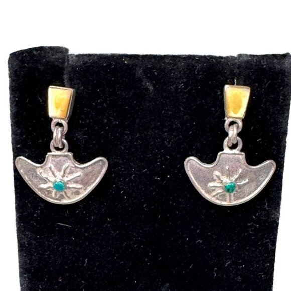 Vintage Sterling Silver 950 Mexican Artisan Earrings Turquoise Sun Starburst - Picture 1 of 8